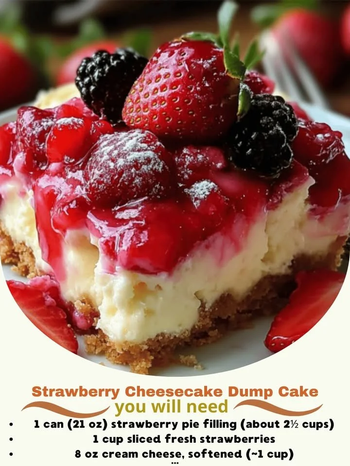 Delicious strawberry cheesecake dump cake with fresh strawberries and creamy cheesecake topping