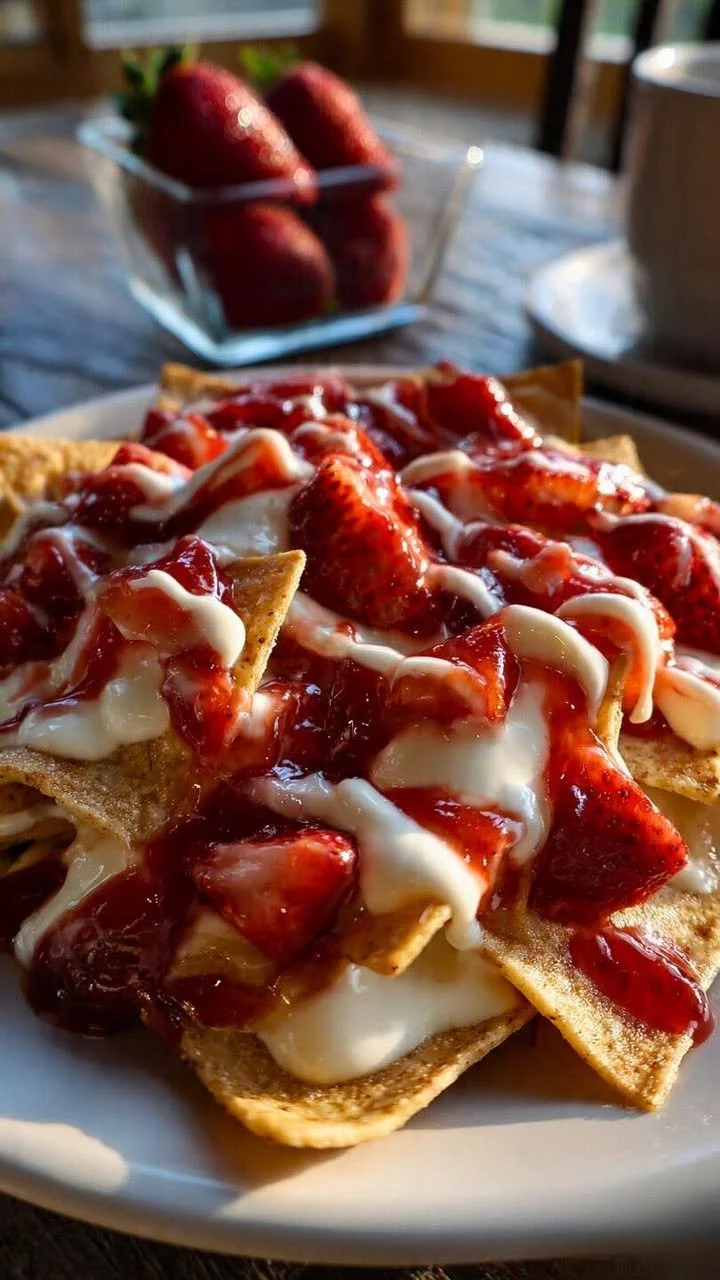 Delicious strawberry cheesecake nachos topped with fresh strawberries and cream.