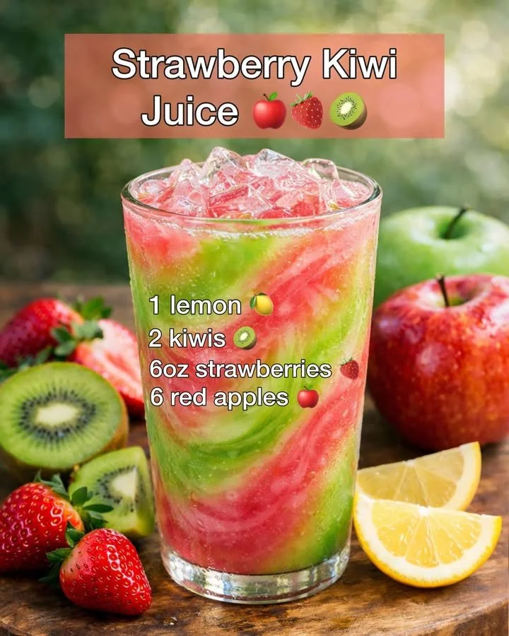 Freshly made strawberry kiwi juice in a clear glass with fruits around