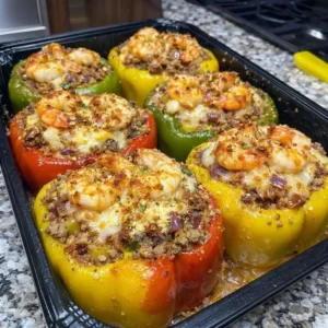 Colorful stuffed bell peppers filled with rice, vegetables, and spices
