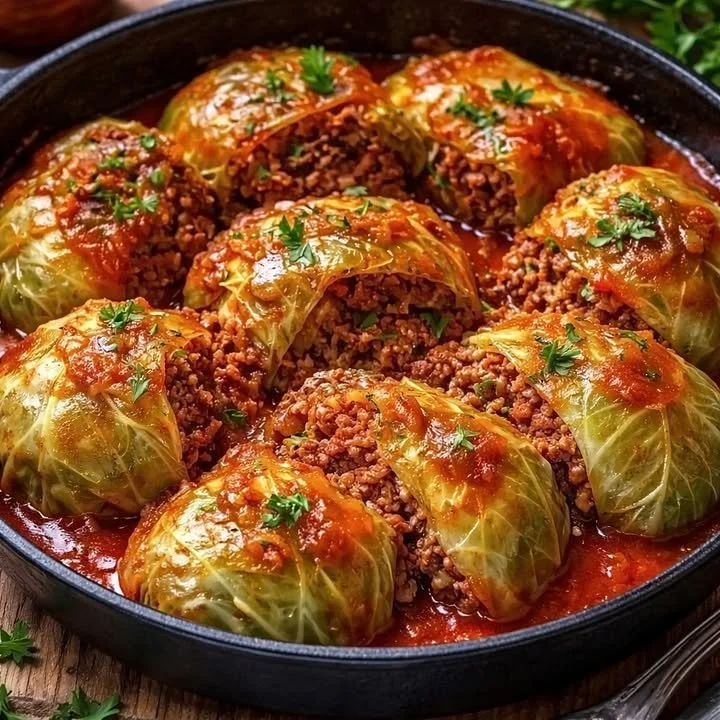 Delicious stuffed cabbage rolls served on a plate with a tomato sauce
