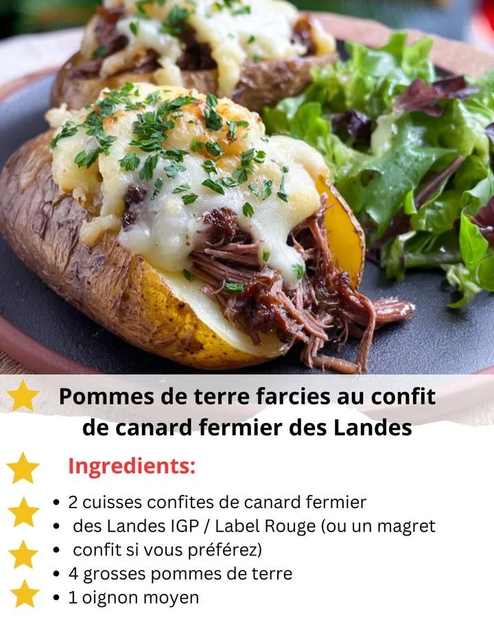 Stuffed potatoes filled with savory duck confit, garnished for a gourmet meal.