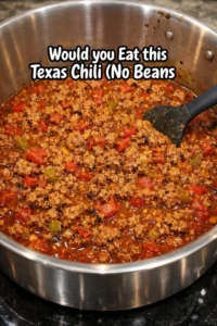 Delicious Texas Chili without beans served in a rustic bowl