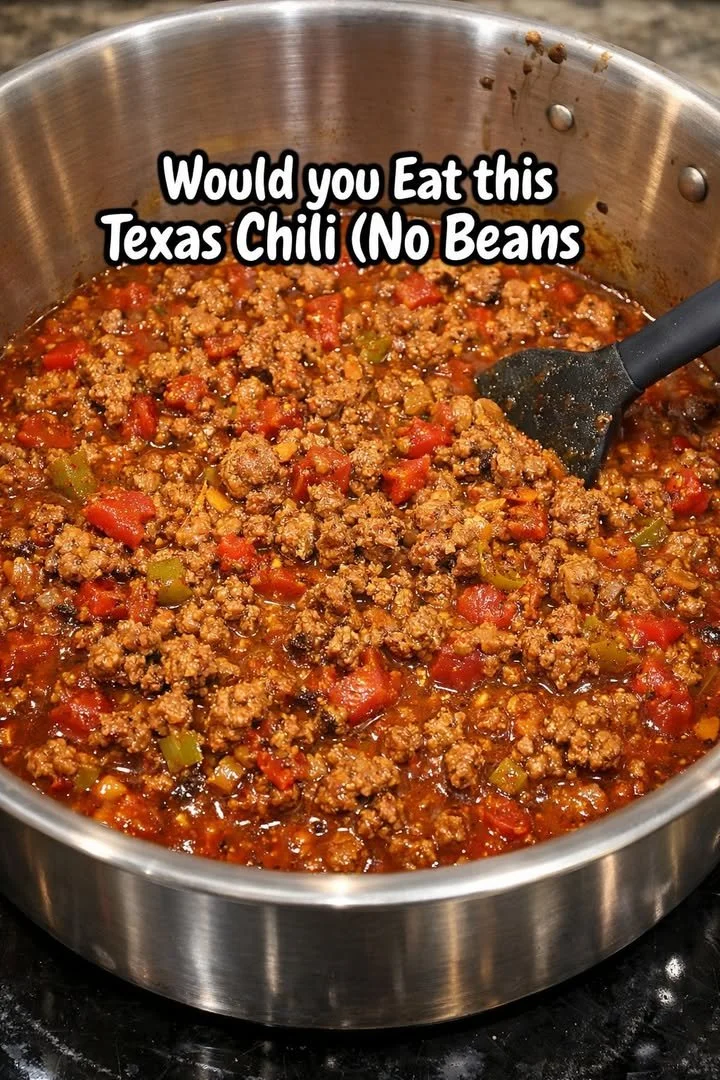 Delicious Texas Chili without beans served in a rustic bowl