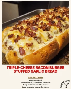 Triple-Cheese Bacon Burger stuffed in garlic bread with melted cheese