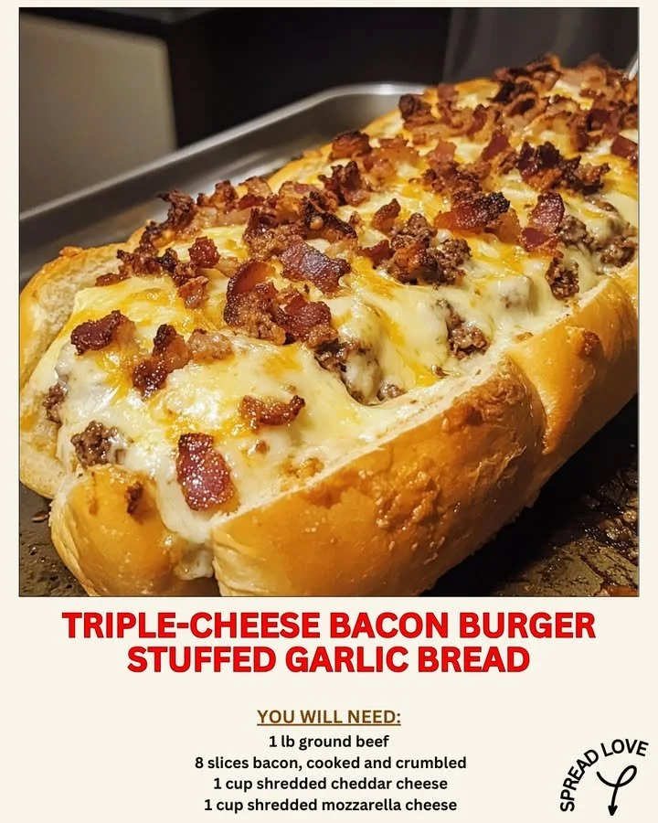 Triple-Cheese Bacon Burger stuffed in garlic bread with melted cheese