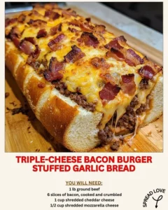 Triple-Cheese Bacon Burger stuffed in garlic bread, mouthwatering and cheesy delight.