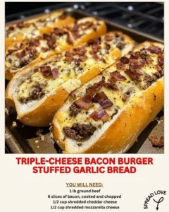 Triple-Cheese Bacon Burger stuffed in garlic bread on a plate