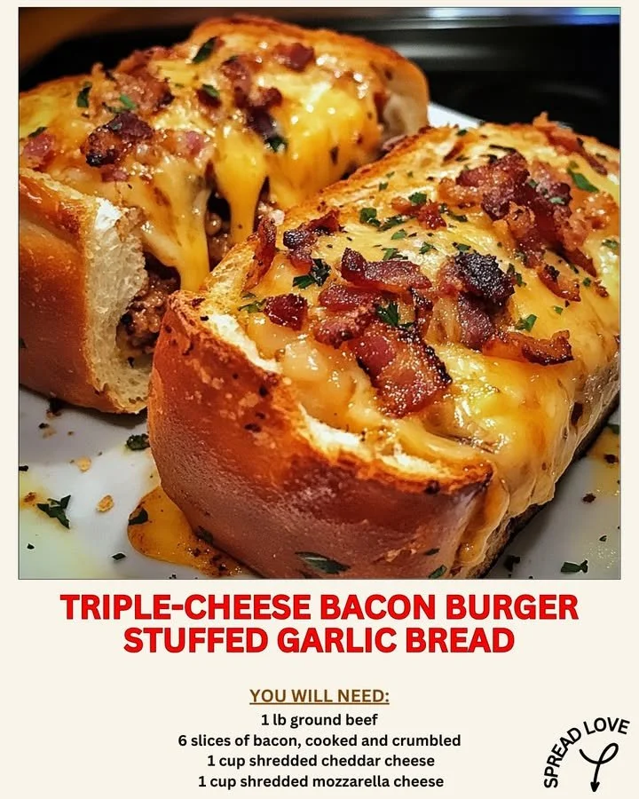 Triple-Cheese Bacon Burger stuffed in garlic bread