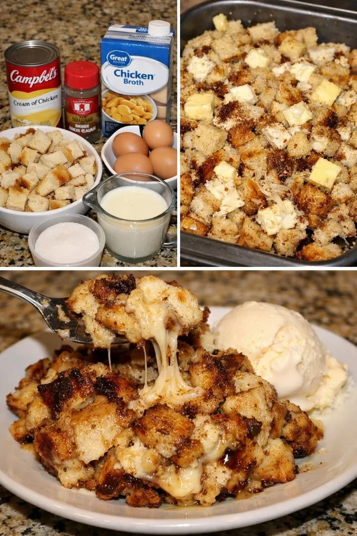 Delicious warm cinnamon sugar bread pudding served in a bowl