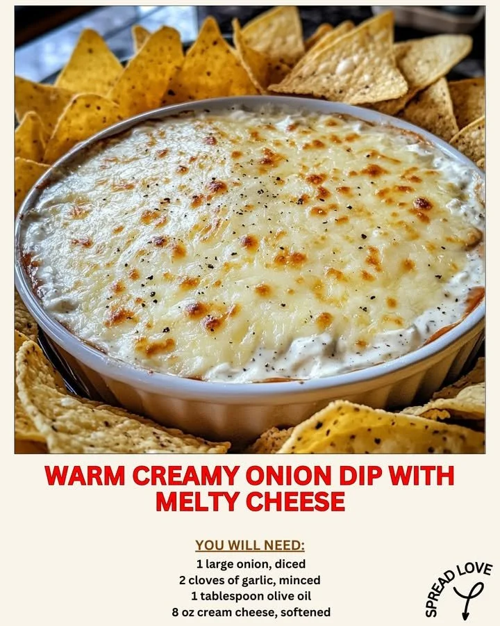 Warm creamy onion dip with melted cheese served with tortilla chips