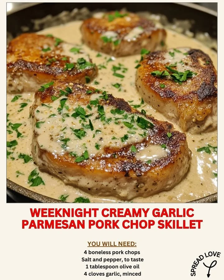 Creamy garlic parmesan pork chops skillet recipe with tender pork and savory sauce